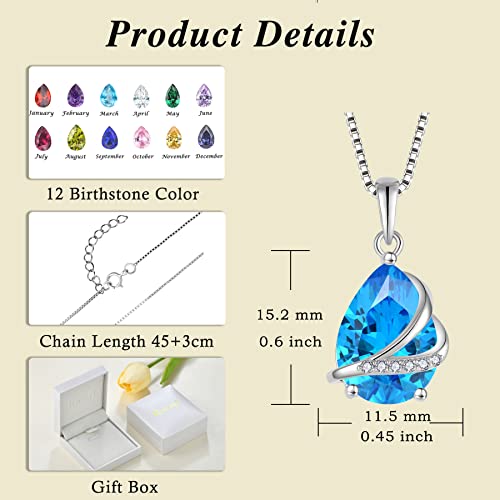 Birthstone Pendant Necklace 925 Sterling Silver Teardrop Jewelry for Women - color: Sea Blue