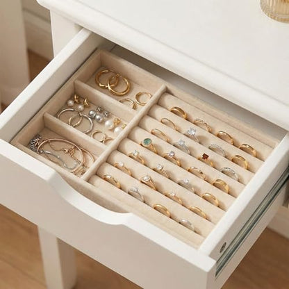 Jewelry Box Insert Organizer for Drawer, Stackable Trays Velvet Jewelry Drawer Inserts, Ring Earring Stud Necklace Holder Display Storage Case(Beige, 8.3 x 4.9in) - color: Beige