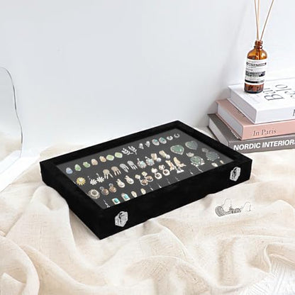 Wudygirl Earring Organizer Tray Jewelry Organizer 32 Pairs Earring Box Organizer Black Velvet Jewelry Display Case with Transparent Lid(Black Earring Storage) | 32 Pairs Jewelry Organizer for Earrings, Perfect for Home Organization, Jewelry Display, Gift