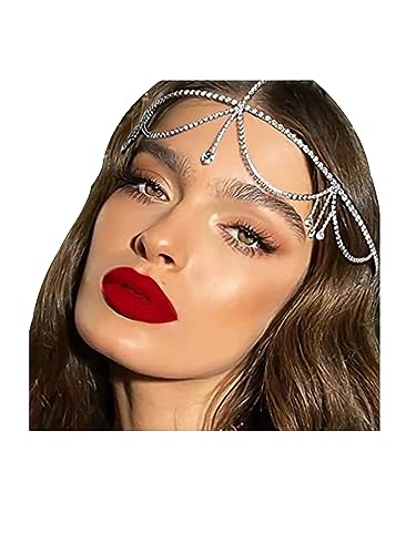 NAISKA Silver Rhinestone Layered Head Chain Jewelry for Women Long Tassel Crystal Rhinestones Cap Headpiece Bridal Wedding Party Belly Dance Rhinestone Flapper Headwear Accessories for Women and Teen