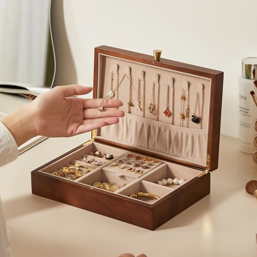 Walnut Wooden Jewelry Box for Women, Magnolia Oil Painting Decor | Small Jewelry Organizer,7 Necklace Hooks, Velvet-Lined, For Watches Rings Earrings Necklace Bracelets, Ideal Gift for Her - style: 1 Layer B