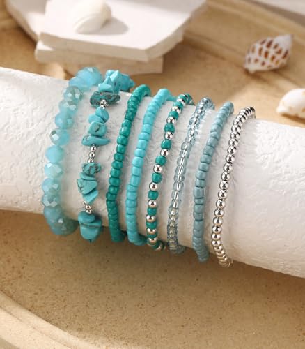 Noessla Boho Beaded Bracelets for Women Stackable Irregular Natural Stone Bead Stretch Bracelet Set 8PCS Costume Jewelry Gifts for Her - color: Turquoise
