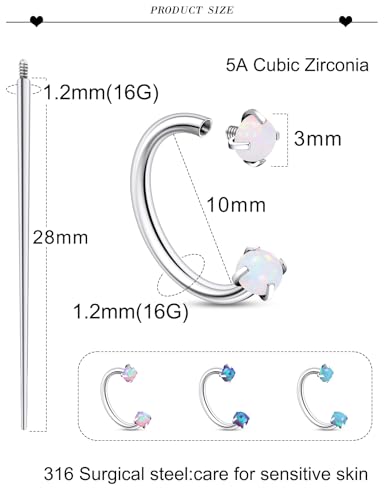 16G Horseshoe Septum Nose Ring Piercing Jewelry Stainless Steel Internal Thread Circular Barbell Daith Rook Earring Snake Bite Lip Ring Piercing Jewelry for Women Men 16 Gauge Opal Silver - style: 16G, 10mm, Claw Opal