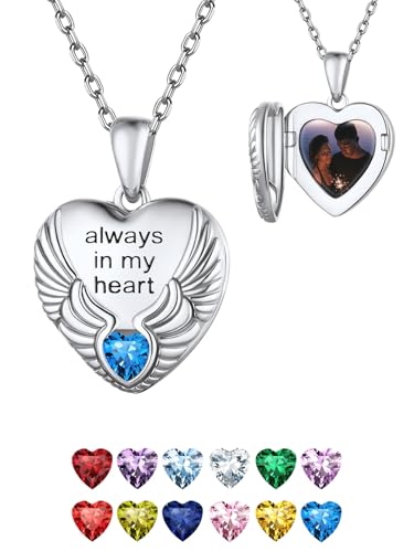 FindChic Locket Necklace for Women Custom Photo Memorial Gifts 4 Colors | Silver/Black/Rose Gold/Gold Plated Personalized for Loved Ones, Birthday Valentine's Day Keepsake - style: 05. Birthstone Style 2-Silver