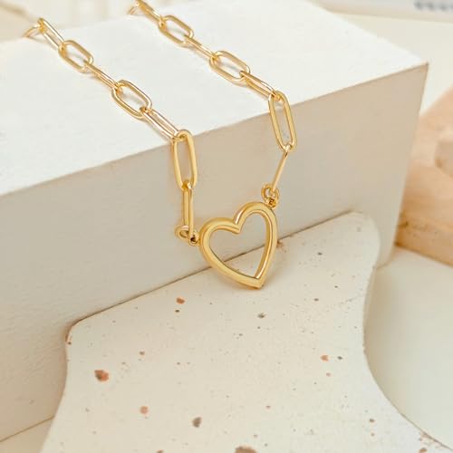 Airmb Heart Necklace for Women Gold/Silver Plated Trendy Heart Choker Lover Pendant Hypoallergenic Fashion Gold/Silver Necklace for Women Love Jewelry Gift for Women Girlfriend - color: Paperclip Open Heart-Gold