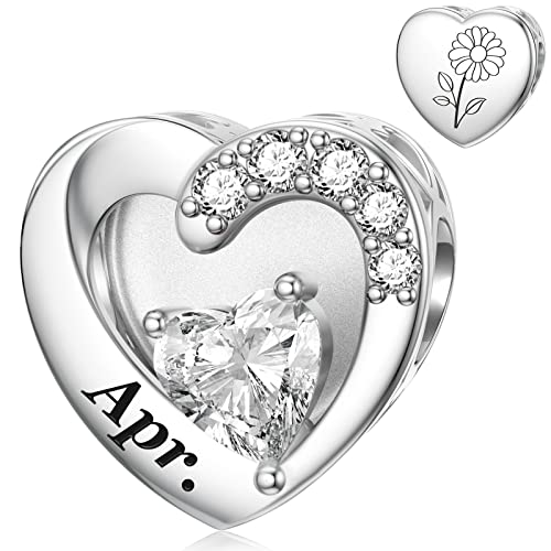 SEVENWELL Jan-Dec Birthstone Charms for Pandora Bracelets, Heart Charm | Fits Most European Charm Bracelets, Sparkling Heart CZ, Birth Flower Engraved, Gift Ready, Nickel-Free - color: April Birthstone Charm