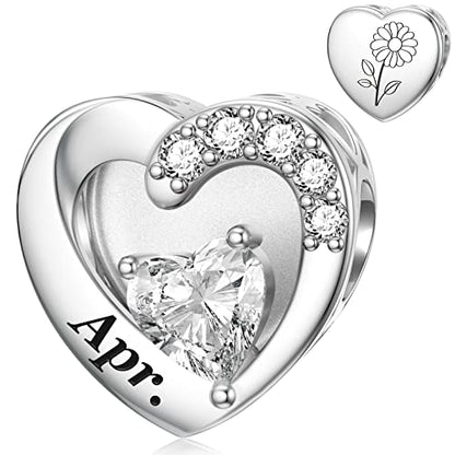 SEVENWELL Jan-Dec Birthstone Charms for Pandora Bracelets, Heart Charm | Fits Most European Charm Bracelets, Sparkling Heart CZ, Birth Flower Engraved, Gift Ready, Nickel-Free - color: April Birthstone Charm
