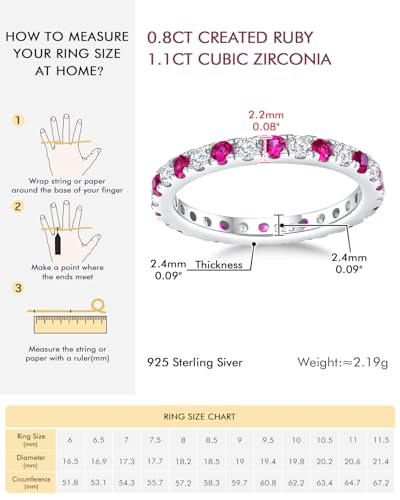 DAYBYDAY Sapphire/Emerald/Ruby Full Eternity Band Rings for Women, 2.4mm Thin Birthstone Stackable Rings, 925 Sterling Silver/14K Gold Plated Gemstone Wedding Band Anniversary Ring Size 6 to 10 - color: 07. Red Ruby & Cz, July