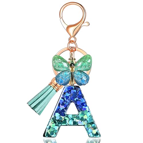 JINGUAZI Butterfly Initial Letter Keychain Bag Charms for Women | Cute pendant accessories for purses, handbags, backpacks, car keys, small gift for her young women, mothers, teachers - color: A-blue Green