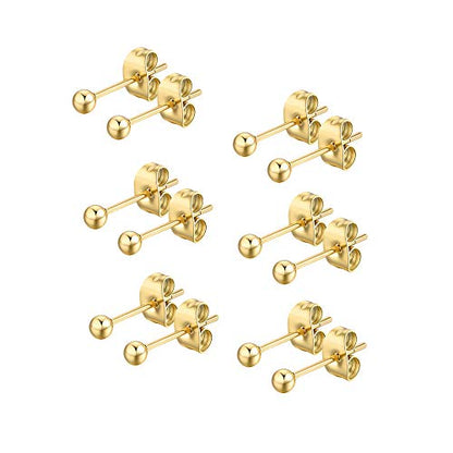 FOSIR 6 Pair Tiny Women 14K Gold Plated Ball Stud Earrings Surgical Stainless Steel Earrings Set, 2-6MM - style: 6 pair diameter,3mm