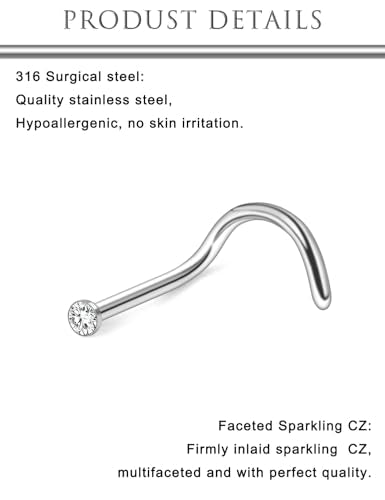 Hoeudjo Nose Studs Surgical Steel Cubic Zirconia Nose Rings Kit for Women Men Tiny Nose Stud Bone & Screw & L Shaped Nostril Piercing Jewelry 18/20/22/24 Gauge 10 Pieces - color: silver-tone,screw nose studs, size: 18g/1.5mm clear CZ