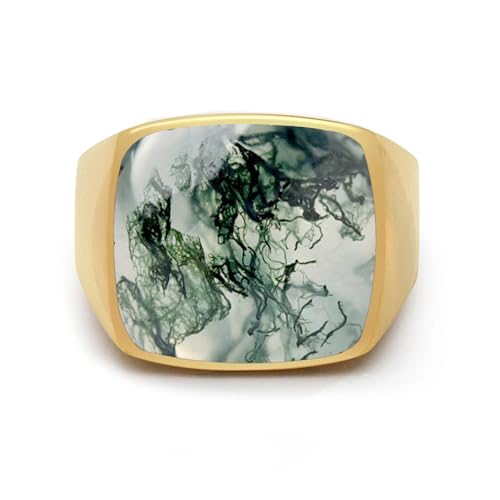 Square Cut Tiger Eye/Black Onyx/Turquoise/Lapis/Moss Agate Rings for Men 925 Sterling Silver 10K 14K 18K Gold Signet Rings for Men - style: Moss Agate