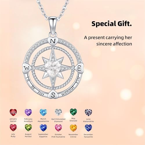 Compass Birthstone Necklace for Women S925 Sterling Silver with Cubic Zirconia - Birthday Jewelry gift for her, Girlfriend, Wife, Mom on Birthday, Anniversary - color: 04-Cubic Zirconia