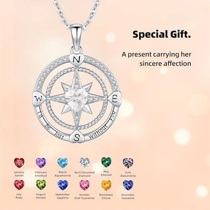 Compass Birthstone Necklace for Women S925 Sterling Silver with Cubic Zirconia - Birthday Jewelry gift for her, Girlfriend, Wife, Mom on Birthday, Anniversary - color: 04-Cubic Zirconia