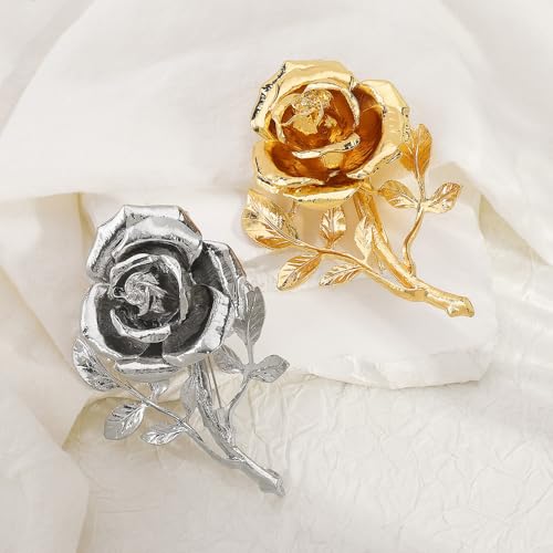 Gold Rose Flower Brooch Pin for Women Men Fashion Metal Large 3D Blossom Floral Brooches Lapel Pins Retro Suit Hat Dress Accessories Holiday Wedding Jewelry Unisex Gift