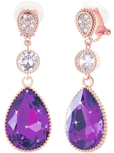 Clip On 18 * 13MM Big Crystal Dangle Non Pierced Earrings for Women 14K Gold Plated Jewelry - color: Feb-Amethyst-Rose Gold Plated