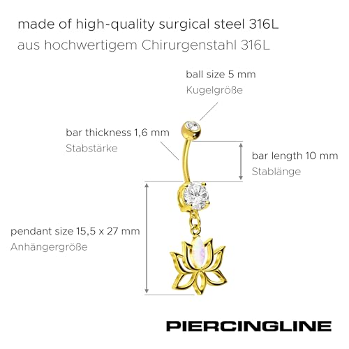 PIERCINGLINE Surgical steel belly button piercing dangle LOTUS BLOSSOM WITH SYNTHETIC OPAL 14 G belly button ring surgical steel belly piercing new version with improved durability - color: Gold-colored