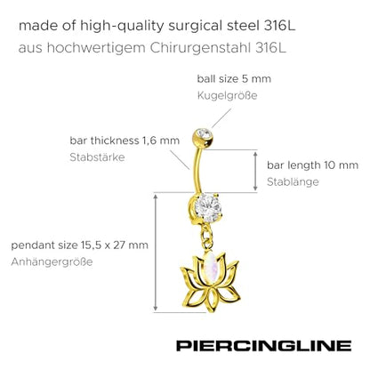 PIERCINGLINE Surgical steel belly button piercing dangle LOTUS BLOSSOM WITH SYNTHETIC OPAL 14 G belly button ring surgical steel belly piercing new version with improved durability - color: Silver-colored