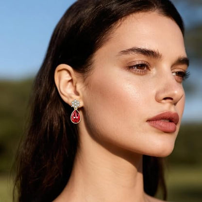 Elegant Austrian Crystal Teardrop Dangle Earrings for Women,14K Gold Plated Flower Drop Earrings Jewelry Gift for Birthday Wedding Anniversary - color: Red