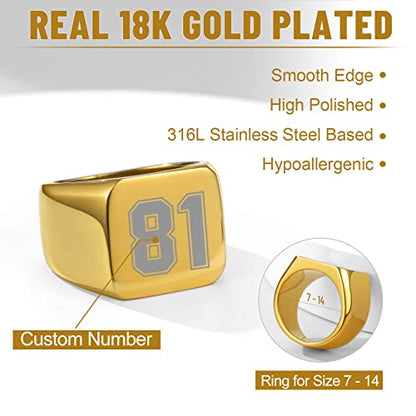 GoldChic Jewelry Personalized Signet Rings Men Women, Stainless Steel Custom Photo Bold Square/Oval Monogram/Old English Initial Pinky Stacking Statement Ring in Black/Silver/Gold (Size 7-14) - color: Gold-Number -Square