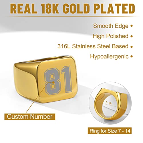 GoldChic Jewelry Personalized Signet Rings Men Women, Stainless Steel Custom Photo Bold Square/Oval Monogram/Old English Initial Pinky Stacking Statement Ring in Black/Silver/Gold (Size 7-14) - color: Gold-Number -Square