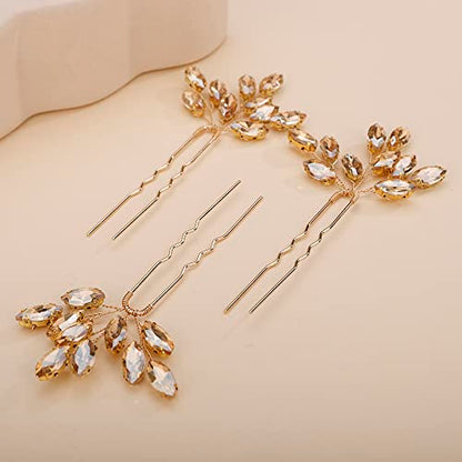 Teyglen 3pcs Bridal Crystal Hair Pins Rhinestones Hair Pieces Simple Crystal Wedding Hair Accessories Handmade Hair Pins for Women Bride(Champagne) - color: Champagne
