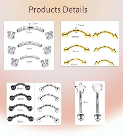 Suotarn 47pcs 16G Stainless Steel Eyebrow Piercing Rings Clear CZ Curved Barbell Helix Daith Rook Earrings Piercing Body Jewelry for Women Men - style: 37pcs mix