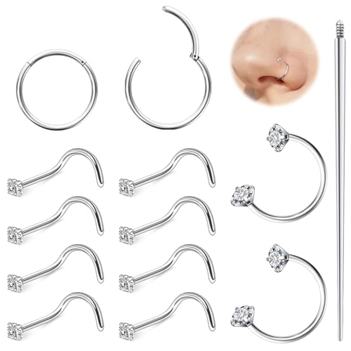 Hoeudjo 18G Horseshoe Nose Ring Surgical Steel Hinged Nose Hoops for Women Nose Studs 1.5MM/2MM/2.5MM/3MM Cubic Zirconia Bone & Screw & L-shaped Nostril Ring Body Piercing Jewelry for Women Men - color: silvertone,screw nose studs, size: 2mm CZ