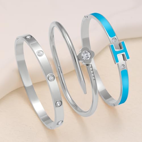 3Pcs Gold Bracelets for Women 14K Gold Plated Love/H/Nail Bangle Bracelet Dainty Non Tarnish Bracelet Jewelry Christmas Mothers Day Gifts for Women - color: 3Pcs Silver/Blue H bracelet