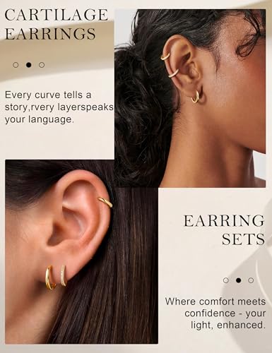 Turandoss 5 Pairs Gold Huggie Hoop Earrings for Women | Dainty Small Hoop Earring Stacks, Cartilage, Multiple Piercing, 14K Gold Plated, Hypoallergenic - color: Gold Hoop