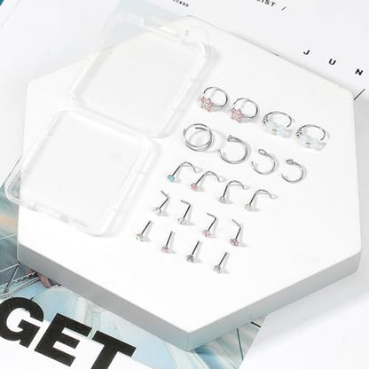 27-60 Pcs Nose Rings for Women Nose Piercing Jewelry Silver Nose Rings Studs 20G Surgical Nose Rings Hoops Nose Rings L Shaped Studs Screw Stainless Steel Nose Piercings for Women Men - color: Silver F-20 Pcs