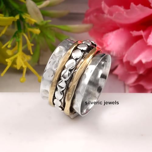 Hammered 925 Sterling Silver Designer Band Spinner Ring For Amazin Handmade Two Tone Meditation Ring For Her Silver Anxiety Bridesmaid Ring - size: 11