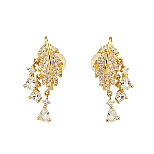 Crystal Leaf Tassel Teardrop Clip on Earrings for Women 14k Gold Plated Shiny Rhinestone Feather Shaped Dangle Drop Non-Piercing Earring Elegant Wedding Prom Anniversary Party Jewelry Gifts - color: Gold