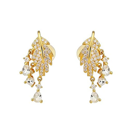 Crystal Leaf Tassel Teardrop Clip on Earrings for Women 14k Gold Plated Shiny Rhinestone Feather Shaped Dangle Drop Non-Piercing Earring Elegant Wedding Prom Anniversary Party Jewelry Gifts - color: Gold