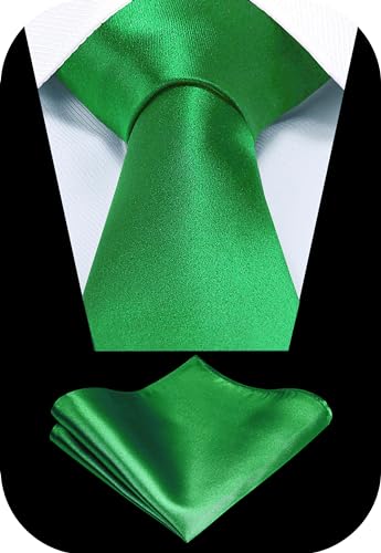 TIE G Solid Satin Woven dyed Color Formal Black Necktie and Pocket Square Sets in Gift Box - color: Emerald Green