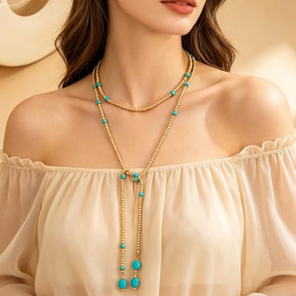 Long Wrap Necklaces for Women Dainty Layered Pearl Chain Necklace Turquoise Wrap Necklaces Long Lariat Necklace Statement Y-shaped Beaded Choker Trendy Costume Jewelry Accessories - color: Gold turquoise