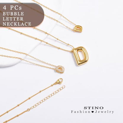 stino 4PCs Bubble Initial Letter Necklace Set, No Tarnish 14K Gold Plated Alphabet Pendant, Jewelry for Women - style: D