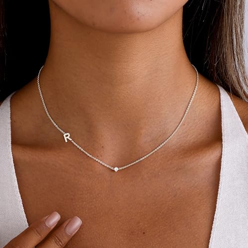 Gold Necklace for Women, Dainty Initial Necklace 14K Gold Plated Dainty Sideways Letter Necklace Personalized Gold Necklace Simple Initial Choker Necklaces for Women Trendy Jewelry Gifts - color: Silver, style: R