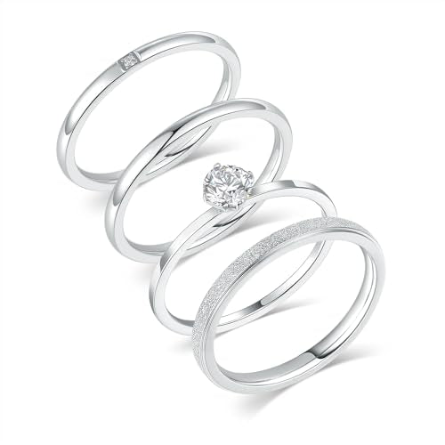 VOLUKA 4 Pcs Stainless Steel Rings for Women Set Knuckle Rings Simple Smooth Finger Stackable Rings Set Plain Band Rings for Women Men - color: White