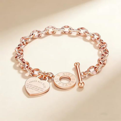 Charm Bracelet for Women 18k Gold/Silver/Rose Gold Plated Love Heart Elegant OT Clasp Stainless Steel Green Bag Packaging Jewelry Gift Birthday - color: Rose Gold, size: 8 inch