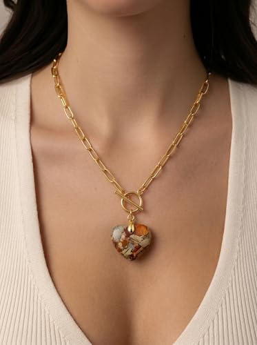 Puff Heart Healing Stone Necklace for Women, 14K Gold Plated Choker Paperclip Stainless Steel Chain, Colorful Natural Stone Boho Necklace Jewelry Gift for Women - color: Khaki Stone-Gold