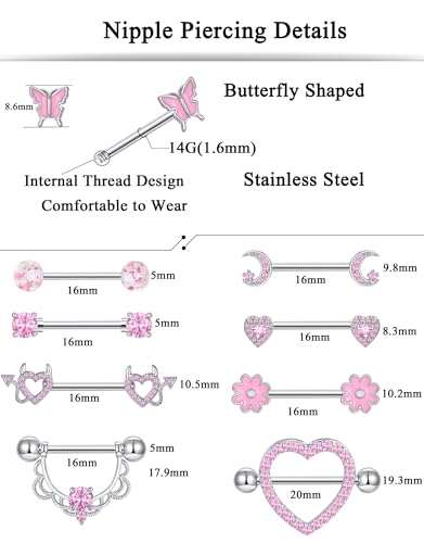 9 Pairs Nipple Rings Stainless Steel Heart Butterfly Moon Flower CZ Barbell Tongue Rings Set Cute Nipplerings Piercing Jewelry for Women Pink Silver Tone - color: A: Pink Tone