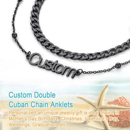 U7 Custom Layered Ankle Bracelets for Women Stainless Steel Bead/Cuban/Figaro/Rope/Wheat Chain Anklet Waterproof Anklet Jewelry for Beach Vacation - color: c-Black-Cuban Chain
