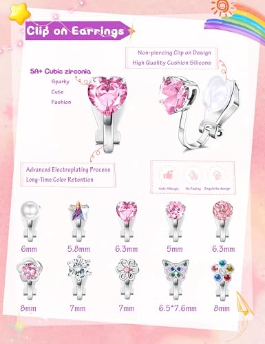 YADOCA 10 Pairs Kids Clip on Earrings for Girls Women Non Pierced | Cute Toddlers Teen Girls Clip-on Earrings Butterfly Flower Pearl CZ Heart Star Earrings Multicolored Earrings Set