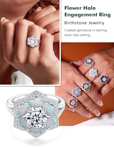Flower Engagement Promise Ring Sterling Silver Birthstone Rings for Women Sapphire/Emerald/Ruby Gemstone Six Leaf Clover Statement Cocktail Ring Size 6 to 10 - style: 10. October-Created Opal