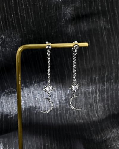 Moon and Star Dangle Earrings | Chain Tassel with Cubic Zirconia Drop Front and Back Earrings Celestial Jewelry for Wedding Gift - color: Silver