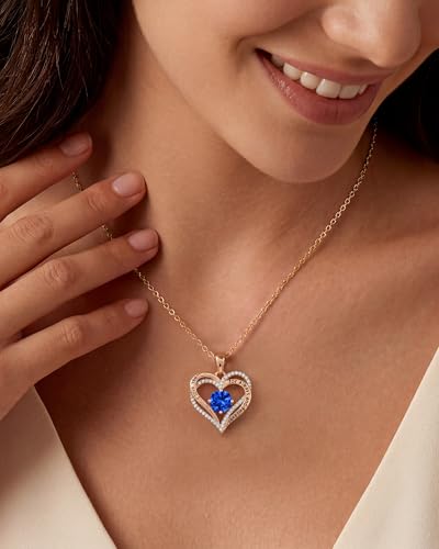 CDE S925 Silver Engraved Forever Love Heart Birthstone Necklaces for Women | 5A CZ,Hypoallergenic,Nickel-Free & Lead-Free Pendant,Anniversary Christmas Wedding Birthday Gift for Wife Girlfriend - color: 09-Sept, style: Rose Gold Plated