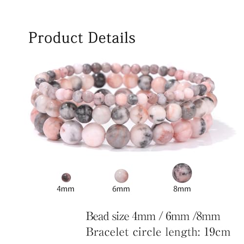 3 PCS Healing Crystal Bracelets for Women 8mm Natural Stone Beaded Stretch Bracelet Amethyst Jewelry Gifts - color: 4,6,8mm Pink Zebra Jasper