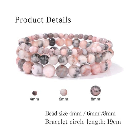 3 PCS Healing Crystal Bracelets for Women 8mm Natural Stone Beaded Stretch Bracelet Amethyst Jewelry Gifts - color: 4,6,8mm Pink Zebra Jasper