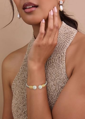WOWORAMA Twisted Cable Wire Bracelets Two Tone Bangle Bracelet for Women | Stainless Steel, Unisex Gold Silver Bracelet, Mixed Metal Chunky Bangles Jewelry - color: Silver Pearl